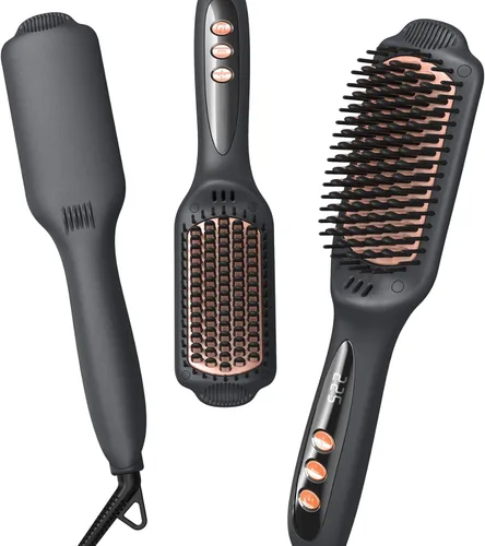 LANDOT Cepillo alisador de cabello para cabello grueso y rizado, cepillo alisador de cerámica iónica con cerdas densas y 12 ajustes de temperatura,