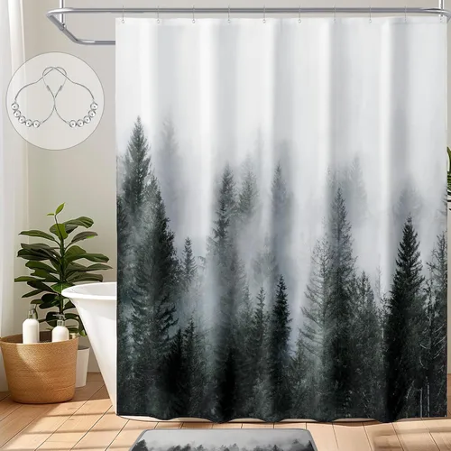 Miniatura 14 de ORTIGIA 36x72 Cortina de ducha de bosque nebuloso para baño pequeño, cortina de ducha estrecha de naturaleza y bosque en blanco y negro con ganchos