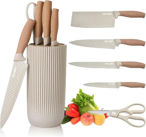 Miniatura 9 de Juego de cuchillos de cocina profesional de 7 piezas con bloque universal de cuchillos, juego de bloques de cuchillos súper afilados con mango Beige