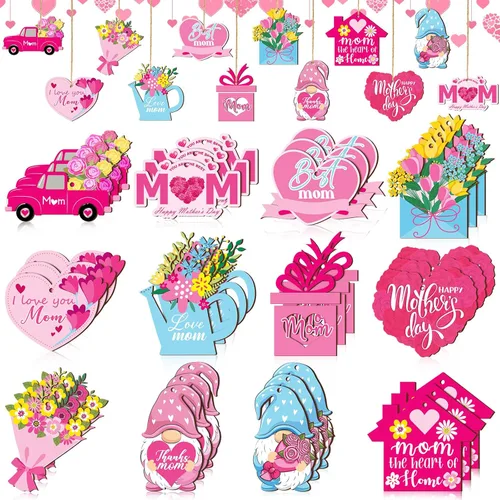 Patelai 36 Piezas Adornos del Día de la Madre para Árbol Gnomo Rosa Floral Flores Mejor Mamá Amo a Mamá Letrero de Madera Decoraciones de Árbol del