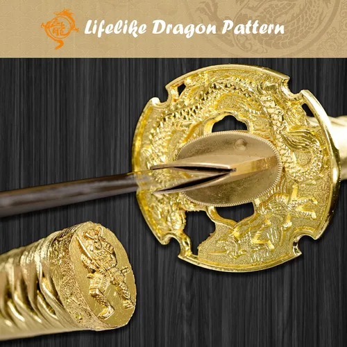 Miniatura 5 de 40.6 pulgadas de acero de alto carbono al horno dragón de oro japonés Katana Samurai Espada Full Tang jian