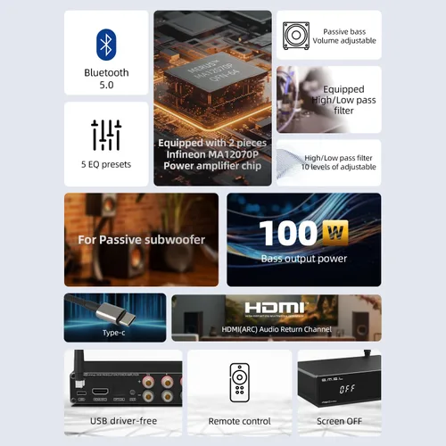 Miniatura 4 de S.M.S.L A50Pro, LPF y HPF, amplificador de audio de 2.1 canales, potencia de salida de graves de 100 W, amplificador de audio estéreo HiFi Bluetooth