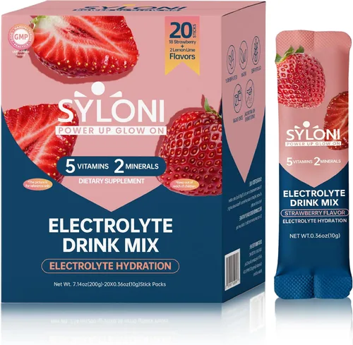 paquetes de polvo de electrolitos, fresa (10.2 g*20 sobres), paquetes de hidratación sin azúcar, bebida de electrolitos con 7 vitaminas y