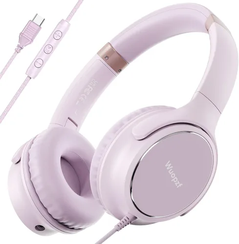 Auriculares con cable USB C sobre la oreja con micrófono, control de volumen, puerto compartido y diadema ajustable, auriculares estéreo plegables