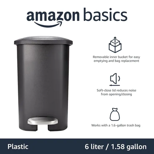 Miniatura 2 de Amazon Basics Basurero de plástico compacto para baño con tapa de cierre suave, pedal manos libres, cubo interior extraíble, 6 litros/1.6 galones
