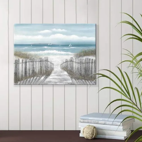 Miniatura 2 de Lienzo decorativo para pared, camino de playa: camino de arena con pintura de valla a la costa, impresiones artísticas para baño