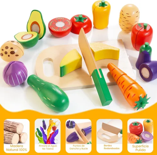 Miniatura 2 de Juego de alimentos de madera para la cocina de los niños Juego de alimentos de juguete para cortar verduras y frutas con estuche de almacenamiento