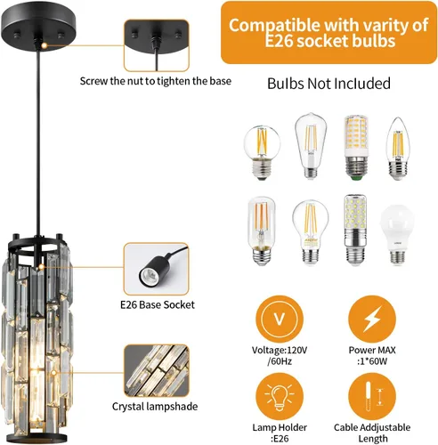 Miniatura 2 de LMQNINE - 1 luz para iluminación colgante color negro, lámpara colgante moderna, mini candelabros de cristal, lámpara colgante ajustable