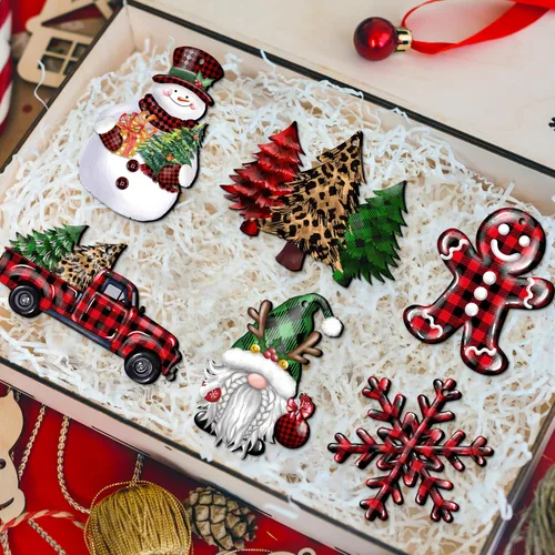 Miniatura 4 de JOPHMO 24 Piezas Adornos de Madera de Navidad Copo de Nieve Gnomo Muñeco de Nieve Camión Adornos Colgantes de Madera Recortes de Árbol de Navidad