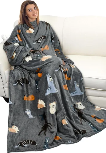 Catalonia Manta con mangas y bolsillo, suave y cómoda manta de forro polar para mujeres y hombres Perro gris