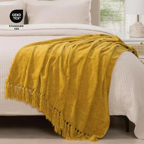 Miniatura 5 de RECYCO Manta Suave y Acogedora de Chenilla con Flecos de Borlas para Sofá, Sillón, Cama, Sala de Estar, Regalo (Amarillo Mostaza, 50'' x 60'')