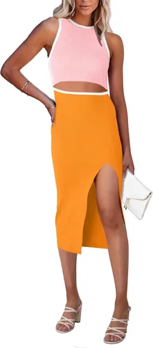 PRETTYGARDEN Vestido de verano por debajo de la rodilla para mujer, casual, cuello redondo, abertura lateral, sin mangas, de punto, calado