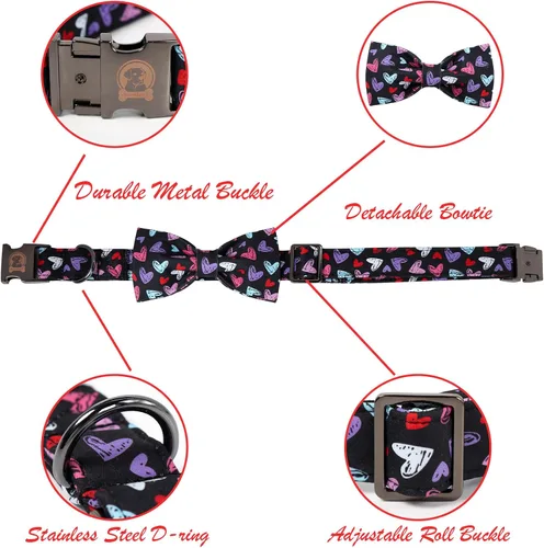 Miniatura 3 de Collar de perro negro de San Valentín con corbatín, lindo collar de mascota duradero con patrón de corazón rojo, collar ajustable para cachorros