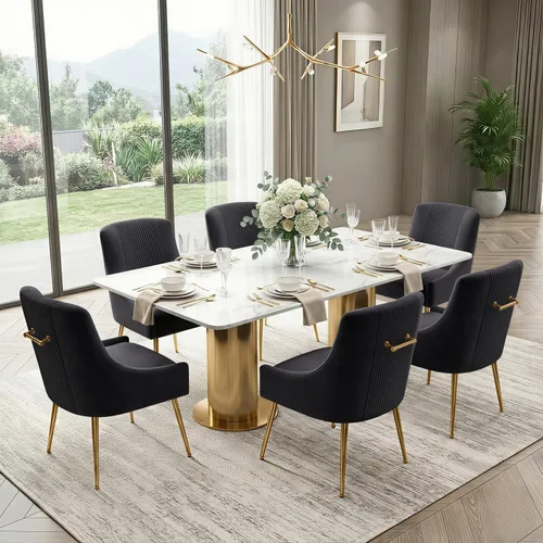 Miniatura 9 de Sillas de comedor modernas, sillas de comedor tapizadas en terciopelo con patas doradas, juego de 2 sillas de acento con capitoné para sala de Beige