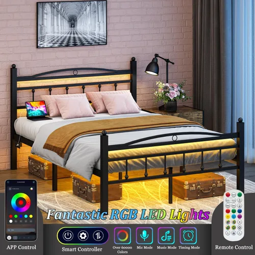 Miniatura 4 de Jenmit Marco de cama tamaño completo con cabecero, marco de cama de plataforma de metal con estación de carga y luces LED, espacio de almacenamiento