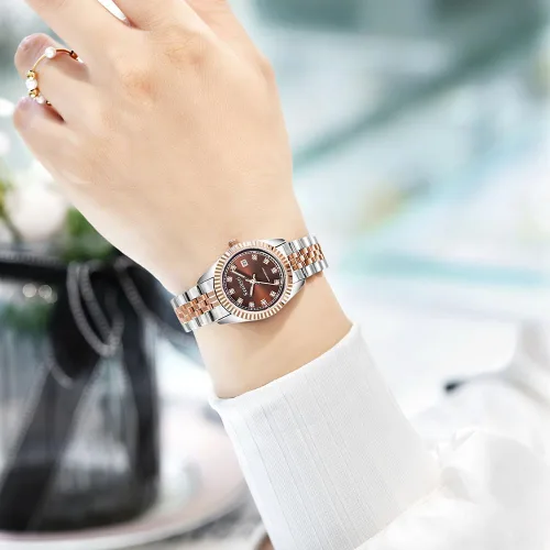 Miniatura 2 de Reloj clásico para mujer con banda de acero inoxidable sólido, reloj de vestir para mujer, reloj con calendario