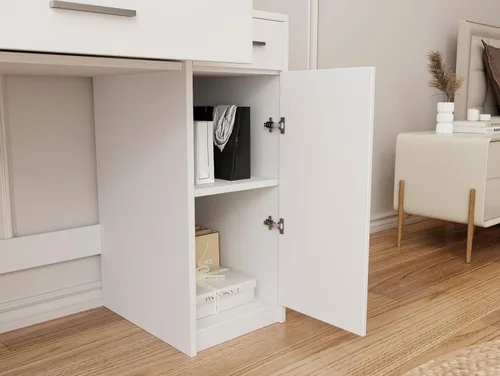Miniatura 9 de Escritorio de tocador con espejo y luces, mesa de tocador de maquillaje con toma de corriente USB, cajón y estantes de almacenamiento, armario