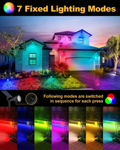 Miniatura 2 de Focos solares para exteriores, cambio de color, 7 modos/14 luces LED solares para exteriores, impermeables, RGB multicolor, luces solares