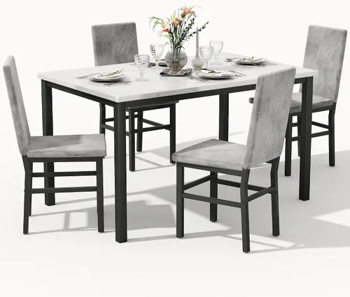 Miniatura 8 de Juego de mesa de comedor para 4, juego de comedor de mármol sintético de 5 piezas, 4 sillas tapizadas de poliuretano, muebles de mesa de cocina