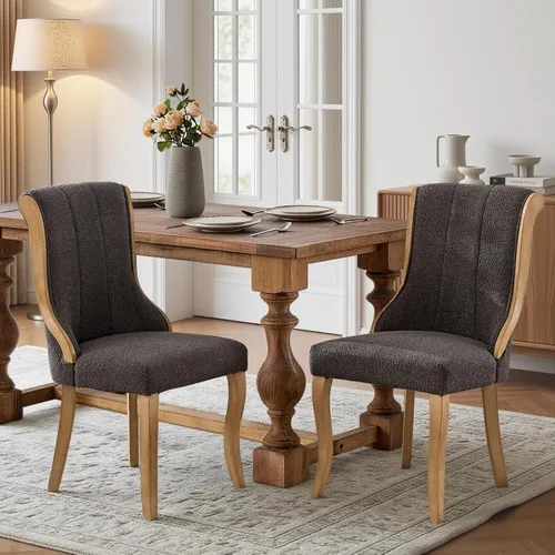 Miniatura 34 de SoarFlash Juego de 2 sillas de comedor de tela de lino, sillas de comedor tapizadas con ribete de cabeza de clavo y patas de madera de color claro