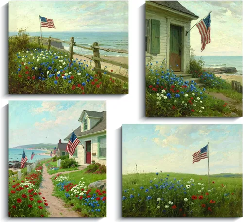 TANXM Arte de pared patriótico con bandera estadounidense, póster vintage de flores silvestres costeras para el Día de la Independencia, sala de
