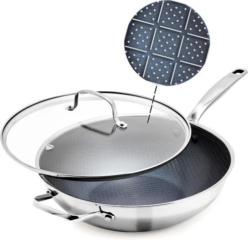 Blue Diamond - Set de ollas de acero inoxidable antiadherente híbrido de 12", con tapa, wok, sin PFAS, con enlace de diamante cerámico, apto para