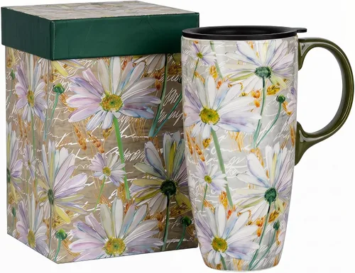 Miniatura 12 de Topadorn Taza de café de cerámica de 17 onzas con tapa y caja de regalo, taza de té de porcelana geométrica floral naranja acuarela, apta