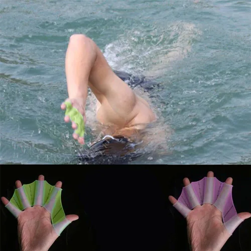 Miniatura 4 de Polytree Aletas de silicona para equipo de natación, aletas de malla a mano, guante de entrenamiento (verde, L)