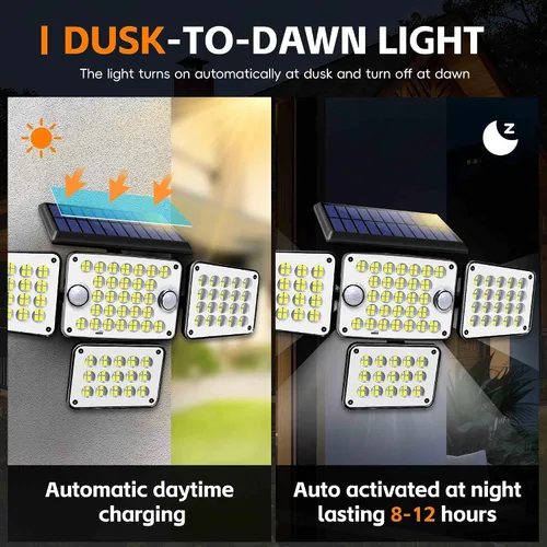 Miniatura 3 de Luces solares para exteriores 336 LED, luz de pared de seguridad con sensor de movimiento con control remoto, diseño ajustable de 4 cabezales