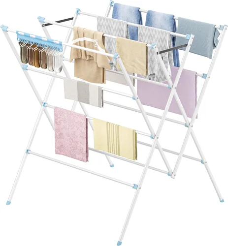 Miniatura 11 de HOMIDEC Tendedero de secado de ropa, 12 postes de secado grandes con clips para calcetines, estante de secado de ropa, plegable, portátil, para Plata