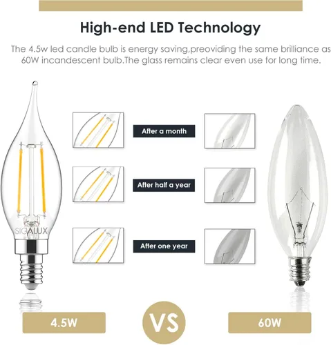 Miniatura 5 de Sigalux Bombilla LED E12 con base de candelabro de 60 W, bombillas LED regulables, bombillas LED con punta de llama, 4.5 W, 500 lm, 2700 K, blanco
