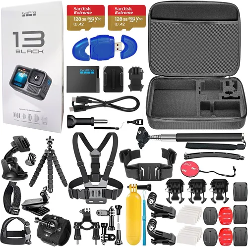 GoPro HERO13 (Hero 13) Black - Cámara de acción con 5.3 K, fotos de 27 MP, transmisión en vivo, cámara web + 2 tarjetas de 128 GB, kit de accesorios