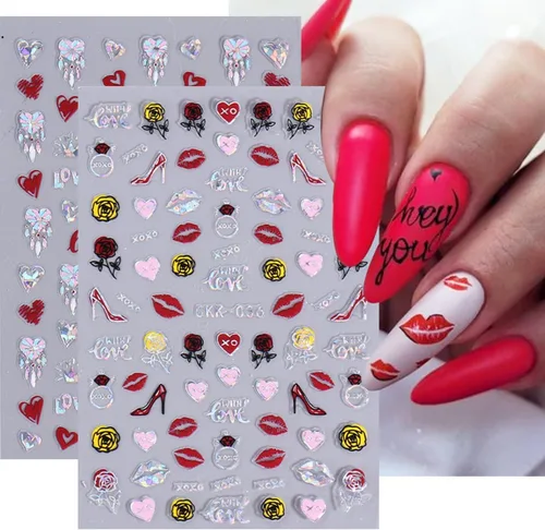 Miniatura 3 de 8 hojas de calcomanías de arte de uñas para el día de San Valentín, autoadhesivas, 3D, color plateado, rosa, rojo, labios, letras de corazón, diseño