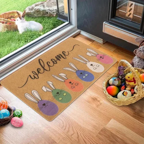 Miniatura 5 de XuoAz Felpudo decorativo de Pascua para puerta de entrada al aire libre, conejito de Pascua, antideslizante, fibra de coco para la decoración