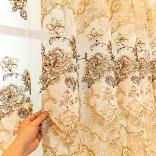 Miniatura 8 de ELKCA Cortina de Chenille Bordada Beige de Estilo Europeo para Sala de Estar, Elegantes Cortinas Florales de Chenille para Dormitorio, Parte