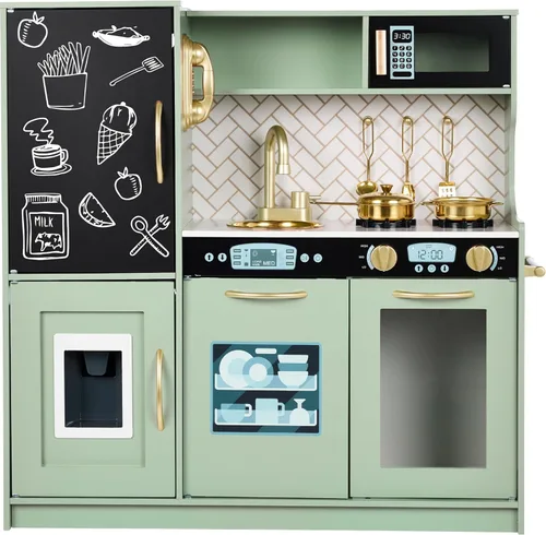 Miniatura 8 de Best Choice Products Juego de juguetes de madera para niños con diseño realista, teléfono, utensilios, horno, microondas, fregadero - negro