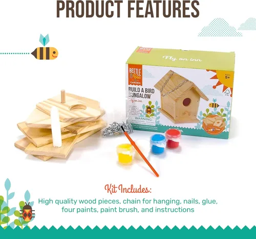 Miniatura 3 de Toysmith - Beetle & Bee - Build A Bird Bungalow - Juego de manualidades de bricolaje para niños, para exteriores, 6 x 4 x 6 pulgadas, herramientas