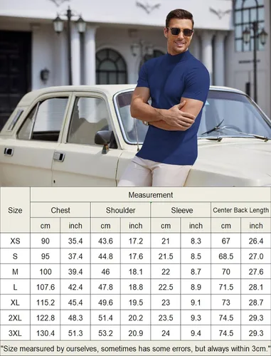 Miniatura 6 de COOFANDY Suéter de cuello alto falso para hombre, de manga corta, color sólido, básico, ajustado, de punto