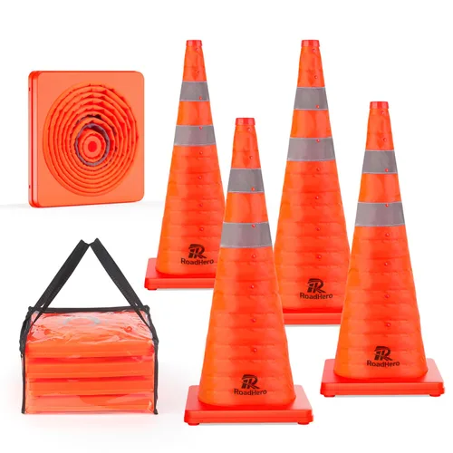 RoadHero Paquete de 4 conos plegables de seguridad de tráfico de 28 pulgadas, conos emergentes multiusos con collar reflectante para seguridad vial,
