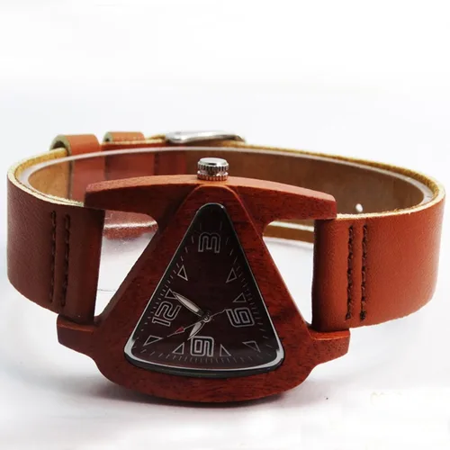 Miniatura 4 de Relojes de madera triangulares, color rojo, con correa de cuero, reloj de pulsera de cuarzo para mujer