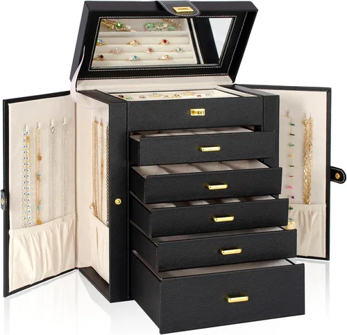 AKOZLIN Joyero grande organizador funcional con cerradura con espejo grande, estuche de almacenamiento de joyas de cuero para mujeres y niñas,