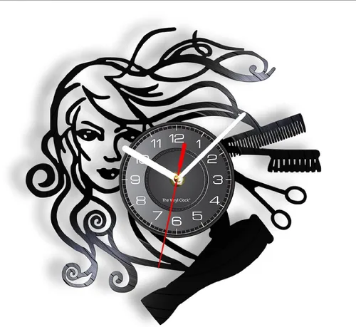SYNYEY Reloj de pared de disco de vinilo para peluquería de 12 pulgadas, color negro, movimiento de barrido de cuarzo silencioso, fácil de colgar,
