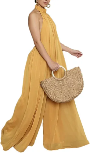 Ekaliy - Enterizo sexi de verano para mujer, de chifón, con escote halter, sin mangas, pantalón largo de pierna ancha, enterizo de fiesta