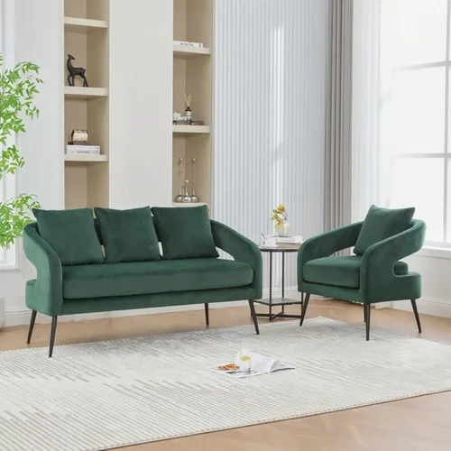 Miniatura 13 de Juego de 1 sofá biplaza pequeño y 2 sillas decorativas, juego de sofá y sillón de 3 piezas para sala de estar, moderno sofá de terciopelo con silla