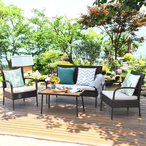 Miniatura 9 de COSTWAY Juego de muebles de ratán de patio de 4 piezas para conversación al aire libre, mesa de centro con cojines