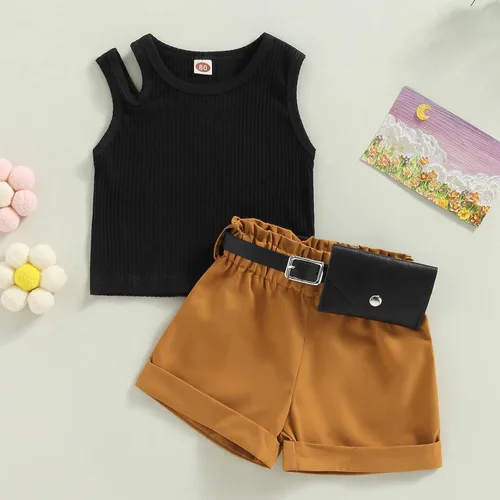 Miniatura 20 de Adobabirl Conjunto de ropa de verano para niña pequeña, sin mangas, acanalada, top halter y pantalones cortos, ropa de moda para niños con cinturón