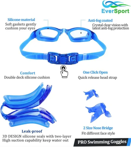 Miniatura 4 de EverSport Gafas de Natación Paquete de 2 Gafas de Natación Antivaho para Adultos, Hombres, Mujeres, Jóvenes y Niños Cristal azul y negro