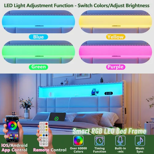 Miniatura 5 de Forestell Base de cama Queen con 4 cajones y cabecera de almacenamiento, base de cama tapizada tamaño Queen con luces LED y estación de carga, Beige