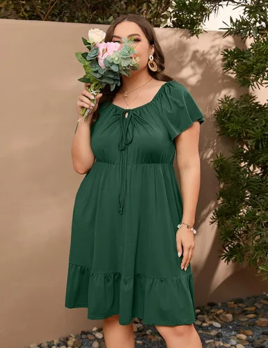 Miniatura 3 de ShopWonder Vestidos hawaianos de talla grande para mujer, vestido de cuello cuadrado, manga corta, casual, acampanado, vestido de verano