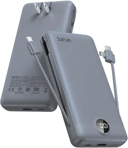 Cargador portátil de 20000 mAh, cargador de batería VRURC de carga rápida de 22.5 W con cables, cargador portátil USB C de 20 K con enchufe de Gris